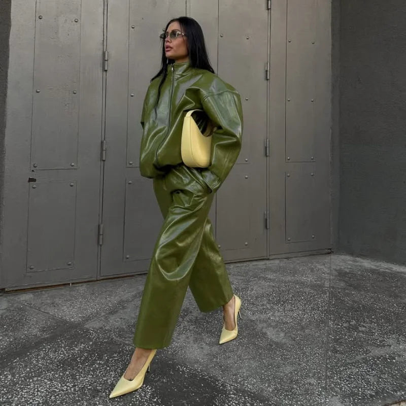 ladies Stylish Leather Solid Jacket Pants Set Women Stand Collar Zipper Coat Loose Trousers Sets Female 2025 Autumn Fashion Streetwears
