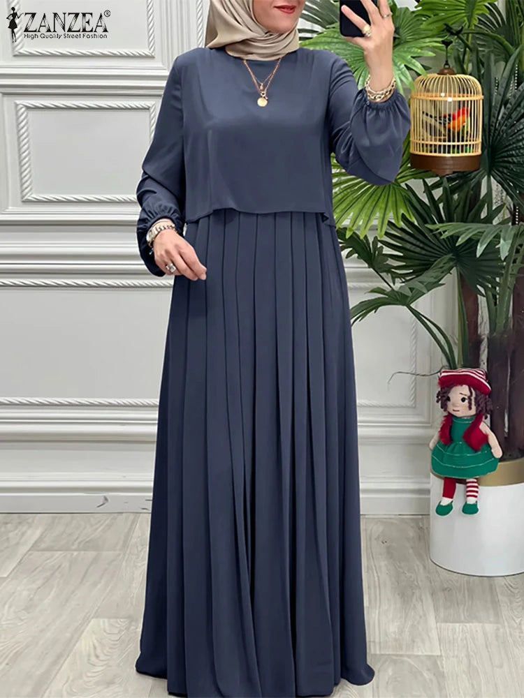 Women Autumn Patchwork Dresses 2025 ZANZEA  Abaya Robe Femme Elegant Long Sleeve Solid Pleated Sundress Clothing
