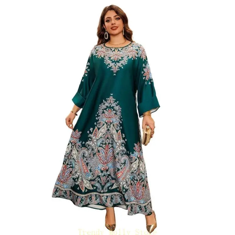 Dress for Women, Middle Eastern Robe Dress Flower Print Kaftan Dress