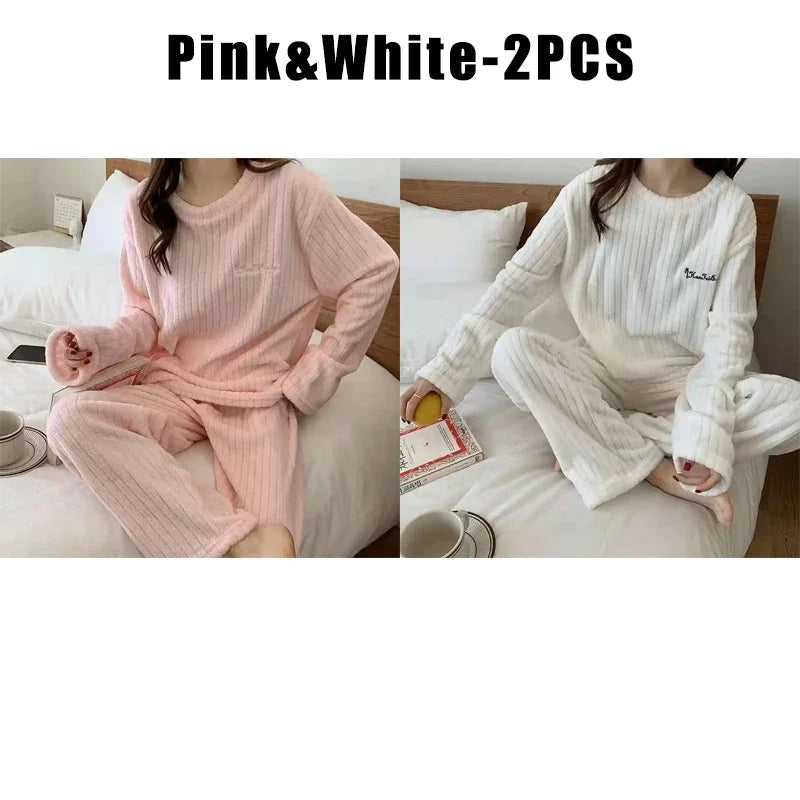 Women Coral Fleece Pajama Set Warm Round NeckSleepwear Cozy Loungewear Outfit