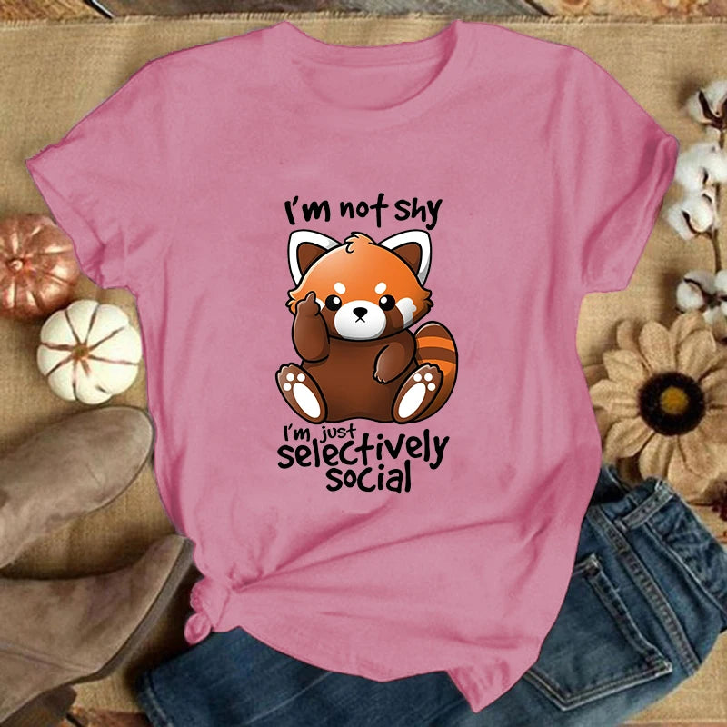(Premium T-shirt)Panda I'M Not Shy I'M Just Selectively Social Printed T-Shirts Women Short Sleeve Funny Round Neck Tee Shirt