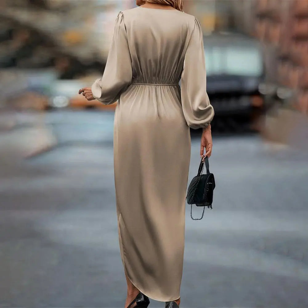 Women 2025 New Long Dress Elegant Round Neck Satin Long Sleeve Office Lady Midi Slim Evening Party Dresses Sexy Dress Chic Robe