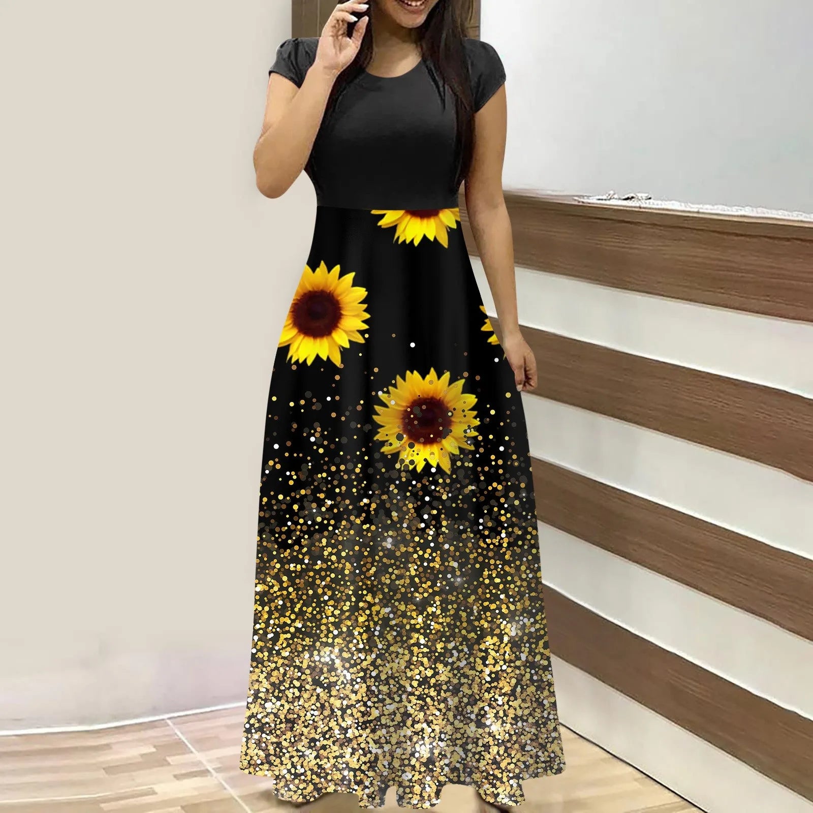 elegant dresses for women Fashion Casual long dresses Print O-Neck Short Sleeves Oversized Maxi Dress Splicing vestidos curtos
