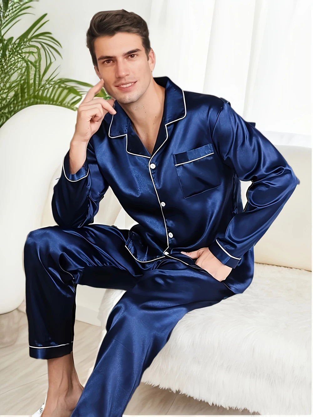 Men Pajama Sets Microfiber Sleepwear For Sleeping Man Shirt Silk Long Sleeve Pyjama  Night Wear Longwear