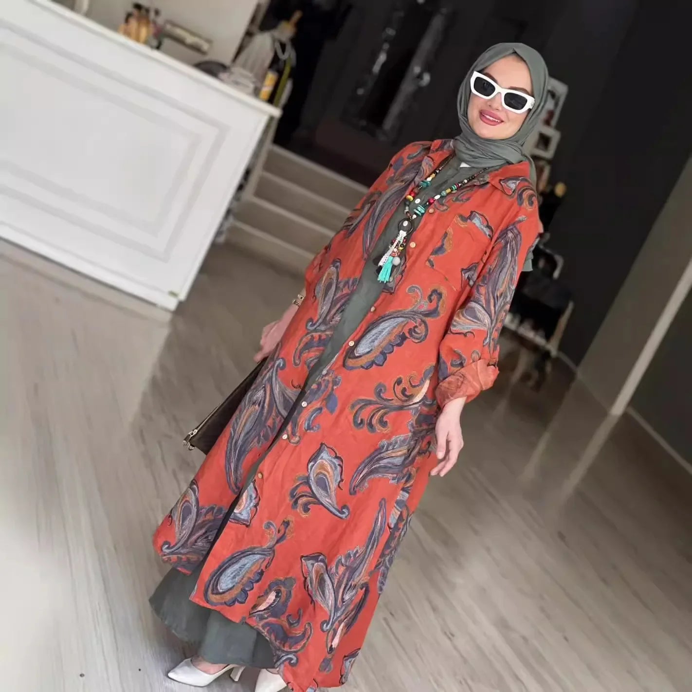 Women Print abaya  Cardigan Robe Jalabiya   Breasted Dresses Open Abayas Arab Kaftan