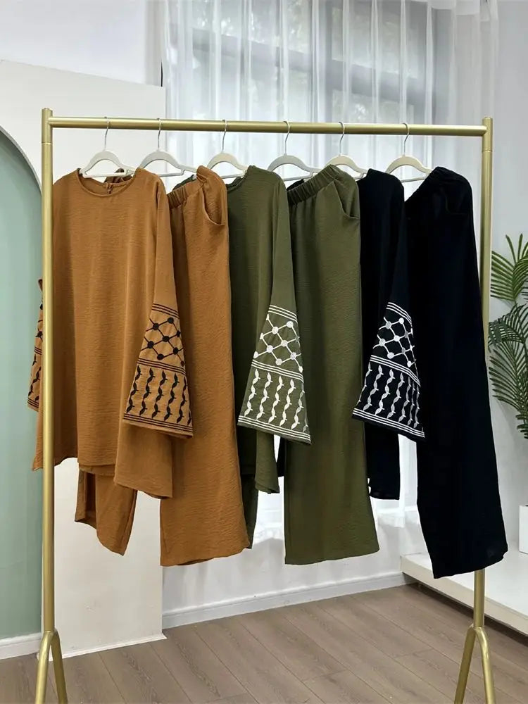 Eid Plain 2 Piece Abaya Set Tops Pants Sets Abayas For Women Clothing Robe  Femme