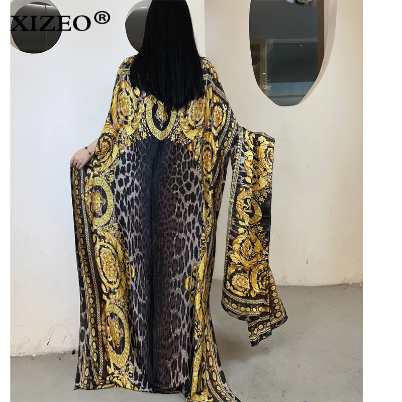 XIZEO  dresses for woman dubai abaya Crew Neck Wave dot print Kaftan Dress, Elegant Maxi Length Dress