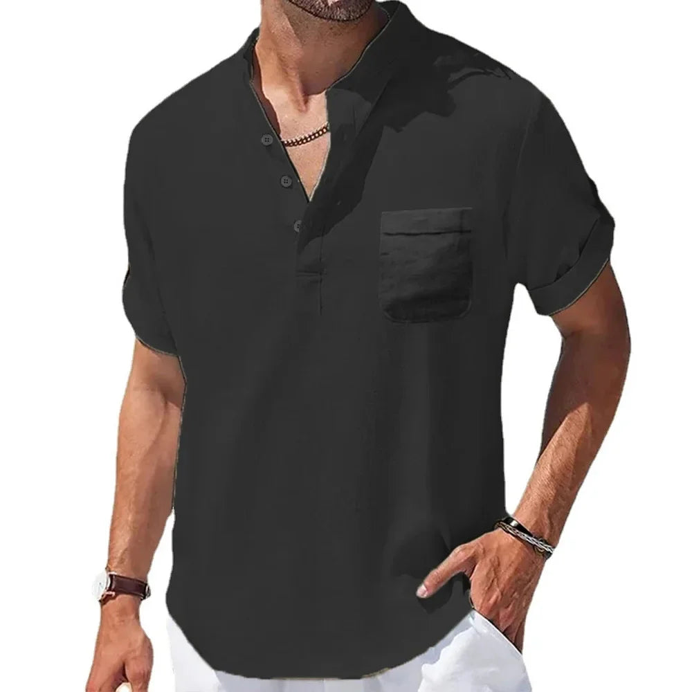 New Men's Casual Henley Collar Shirts Summer Solid Color Short Sleeve Cotton Linen Shirt Breathable Loose Beach T-Shirts