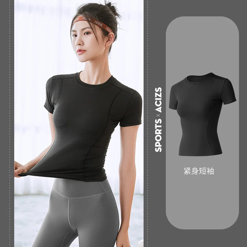Women's T shirts Sports Fitness Slim Running Sweat Absorbing Skinny Yog Quick Drying